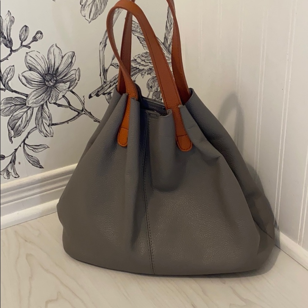 Beautiful dove grey, soft leather bag.